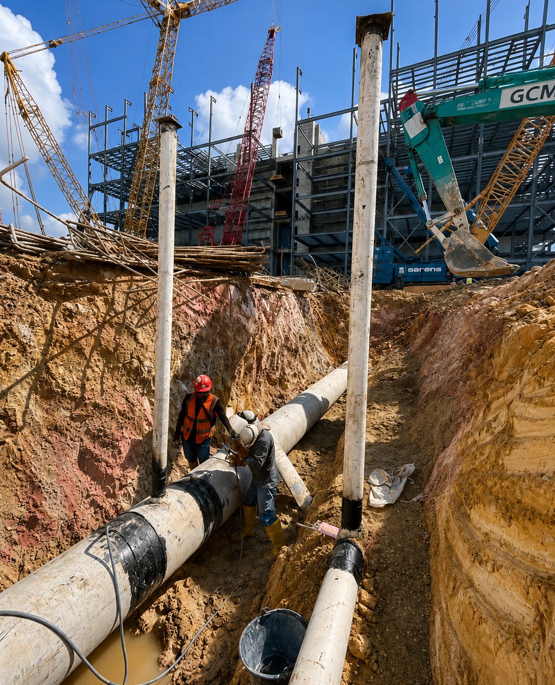 Large water main laid in a deep trench beside a data centre development under construction in Johor