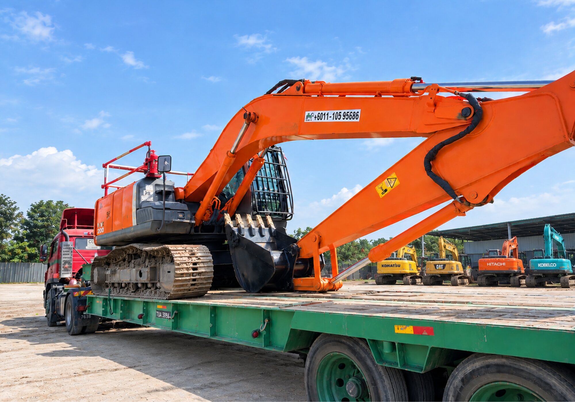Tracked excavator loaded onto a lowbed trailer for mobilisation with a row of excavators parked in the yard behind