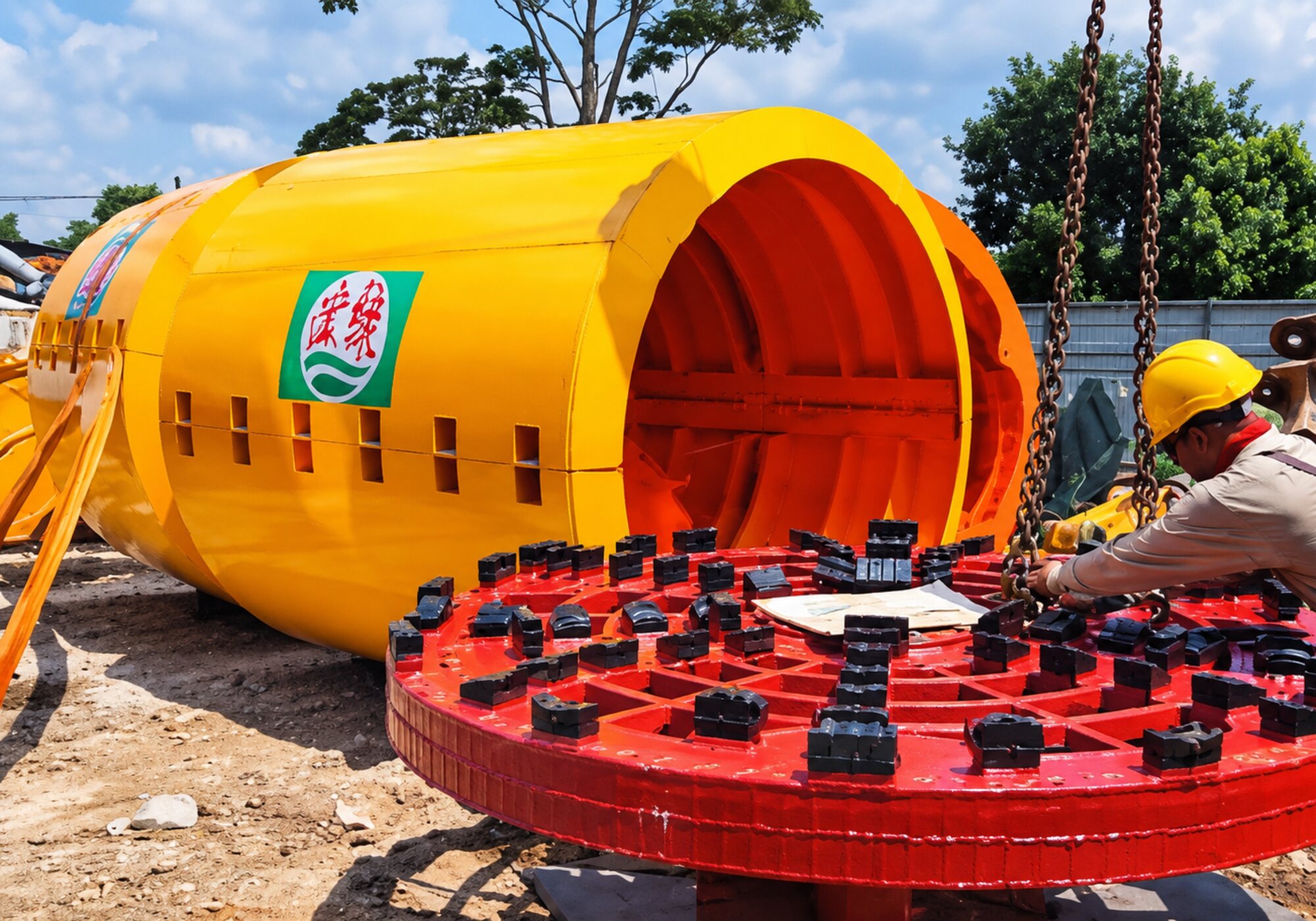 Worker guiding a crane lifted cutter head into position on a large diameter pipe jacking shield on site