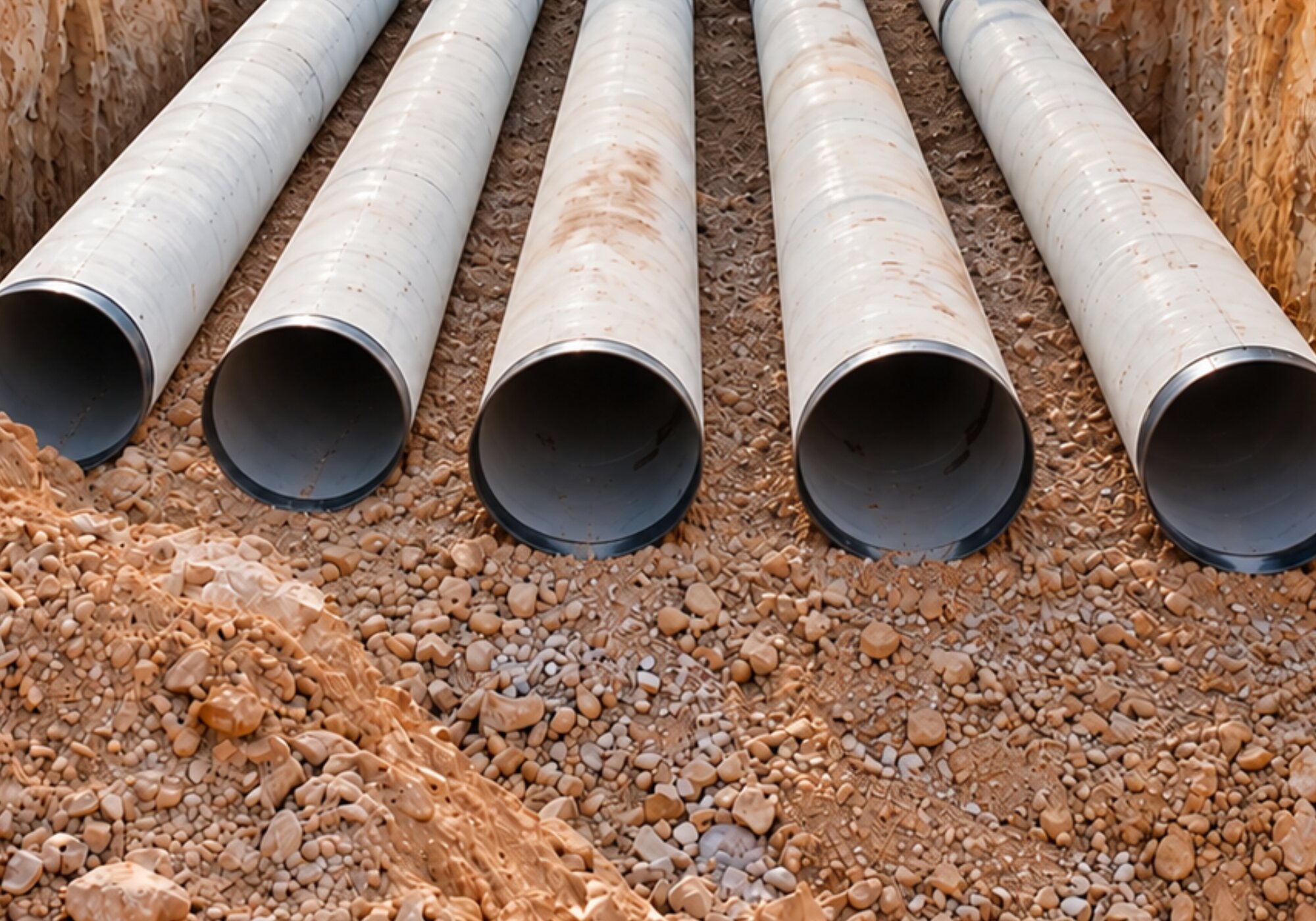Large diameter water main pipes laid out on granular bedding in an open trench ready for jointing