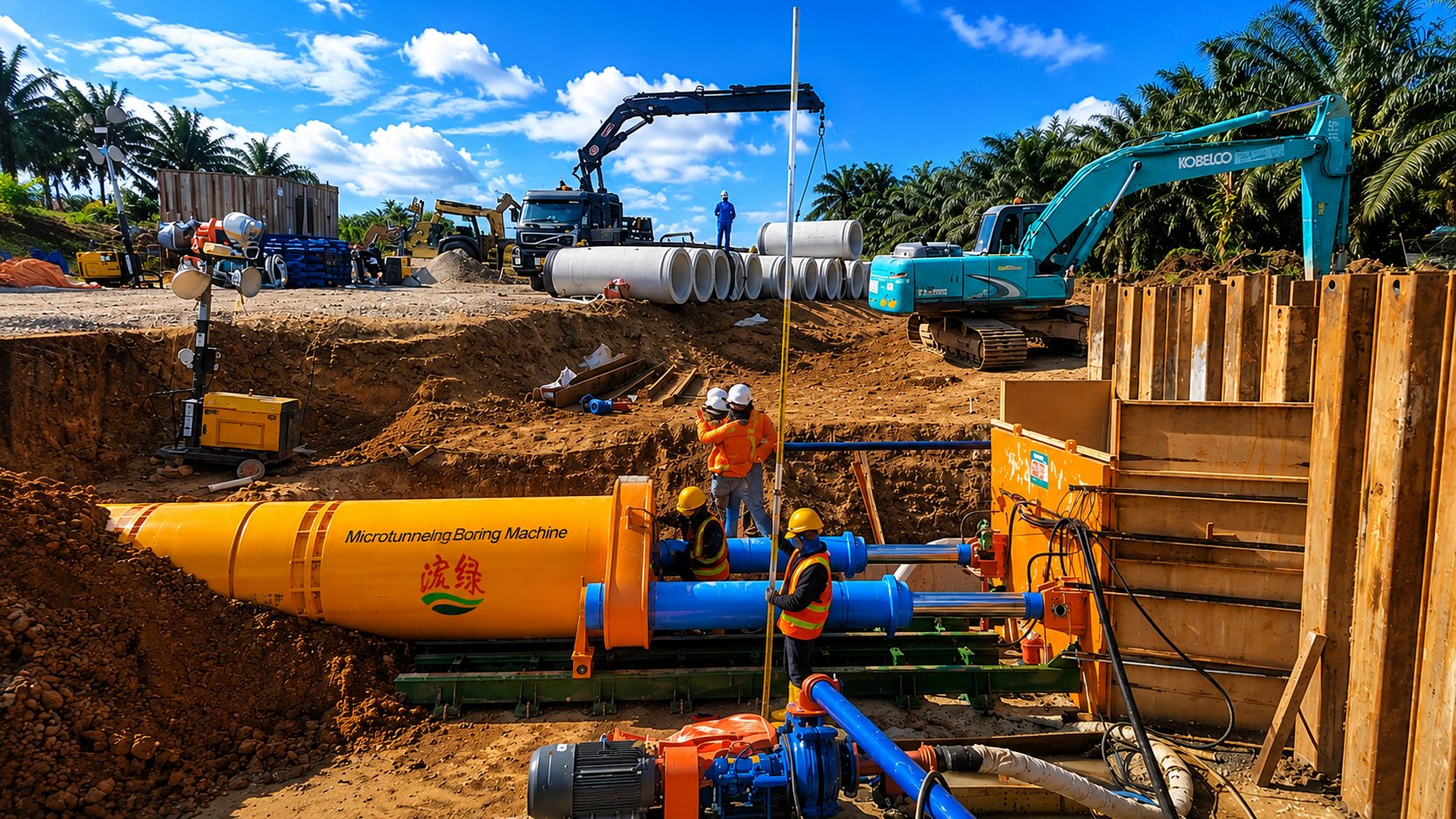 Khidmat Hijau microtunnelling boring machine set in a sheet piled jacking pit ready for a trenchless drive