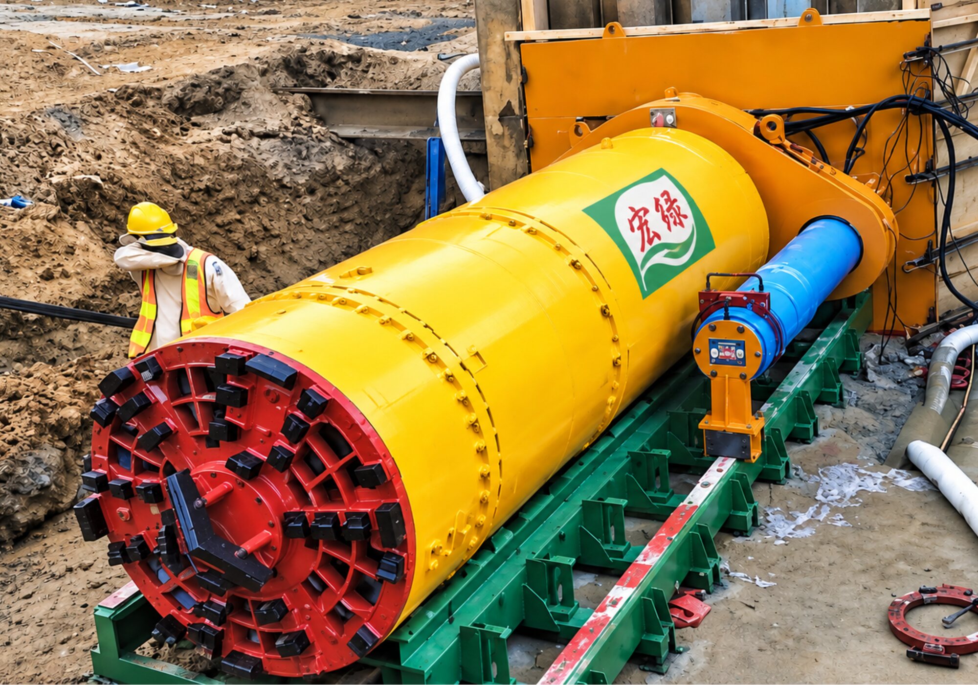 Khidmat Hijau microtunnelling machine set on the jacking frame inside a launch shaft with a worker in full PPE alongside
