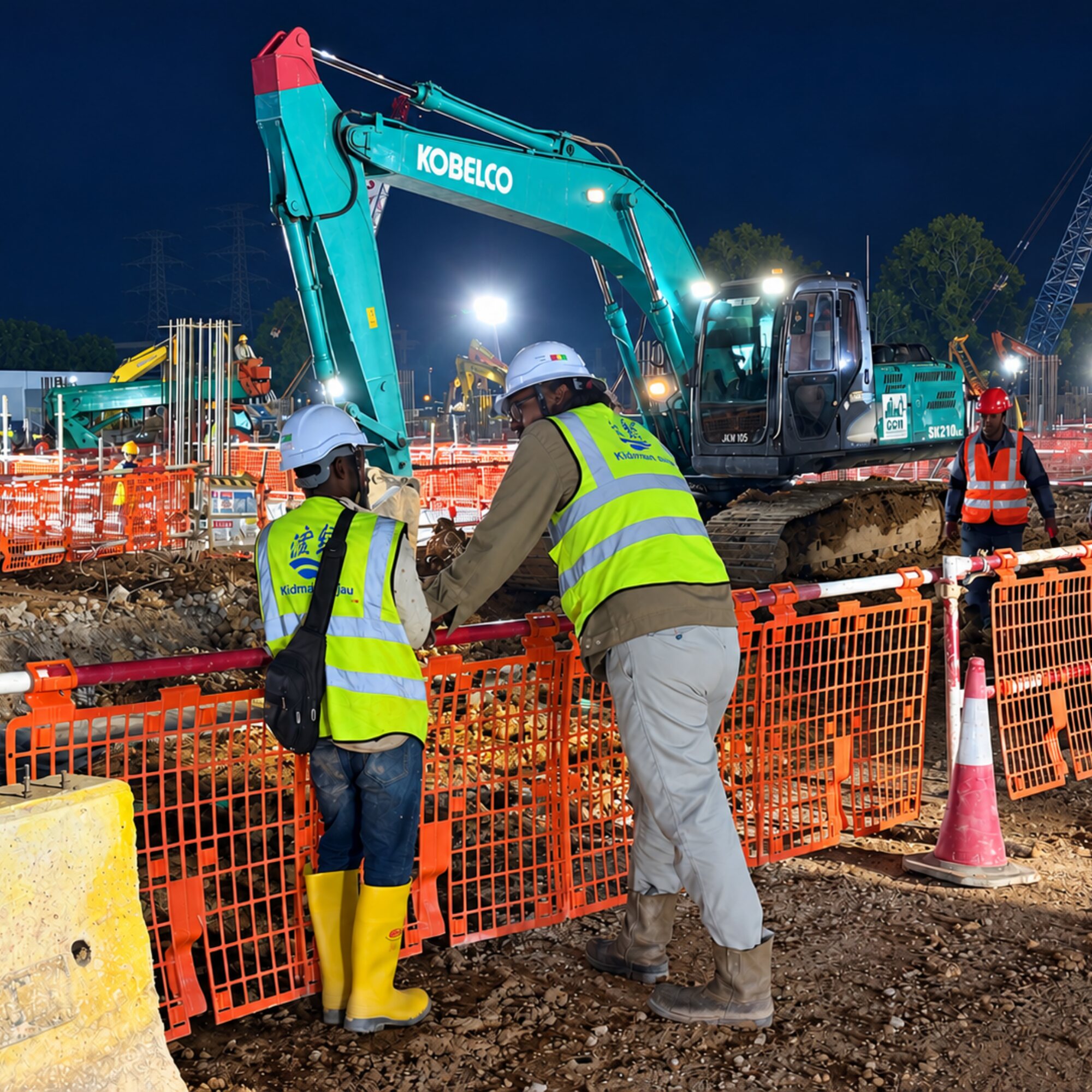 Khidmat Hijau workers in branded high visibility vests supervising a Kobelco excavator during night shift water main works