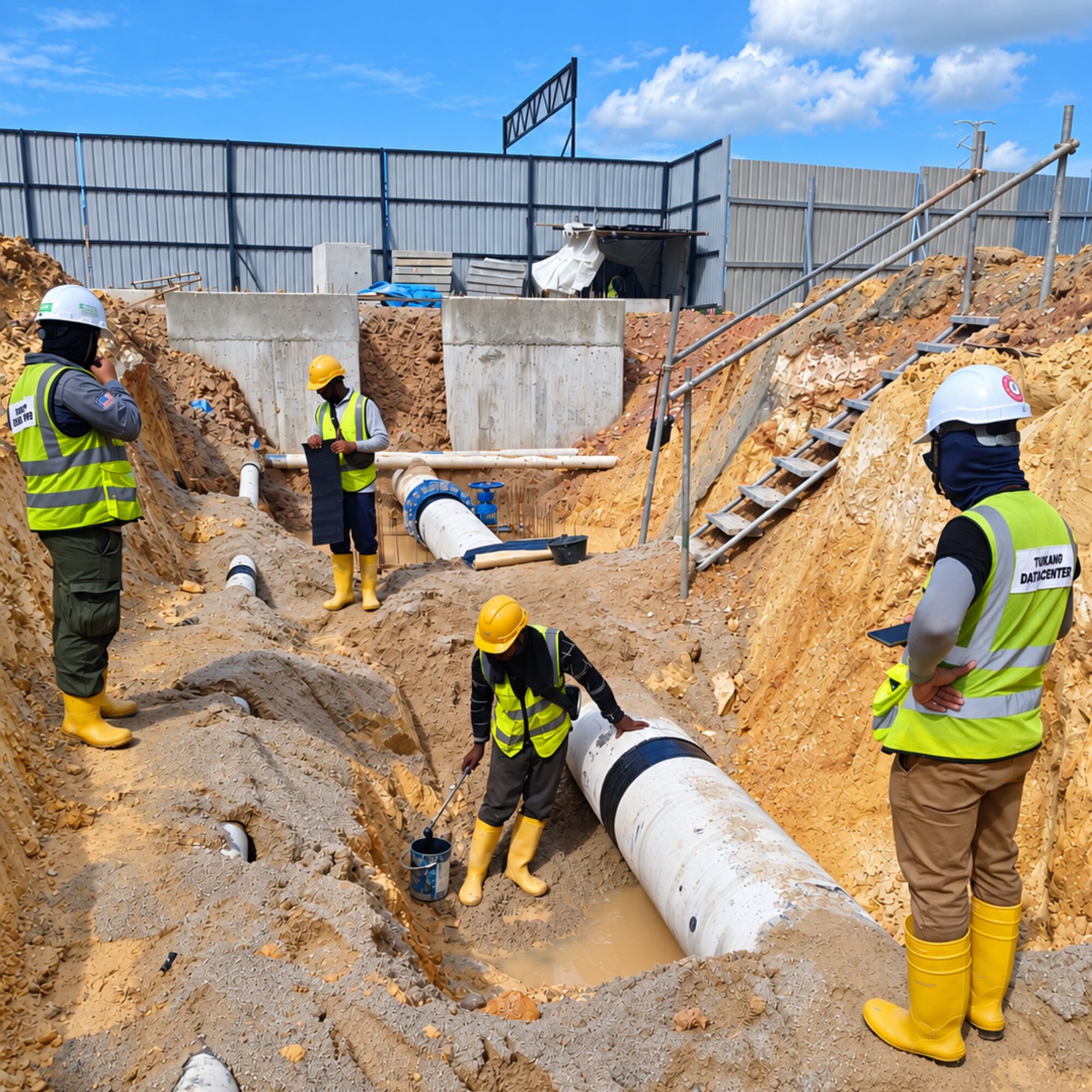 Khidmat Hijau crew in helmets and high visibility vests installing a large diameter water main and valve in an open trench at a data centre site