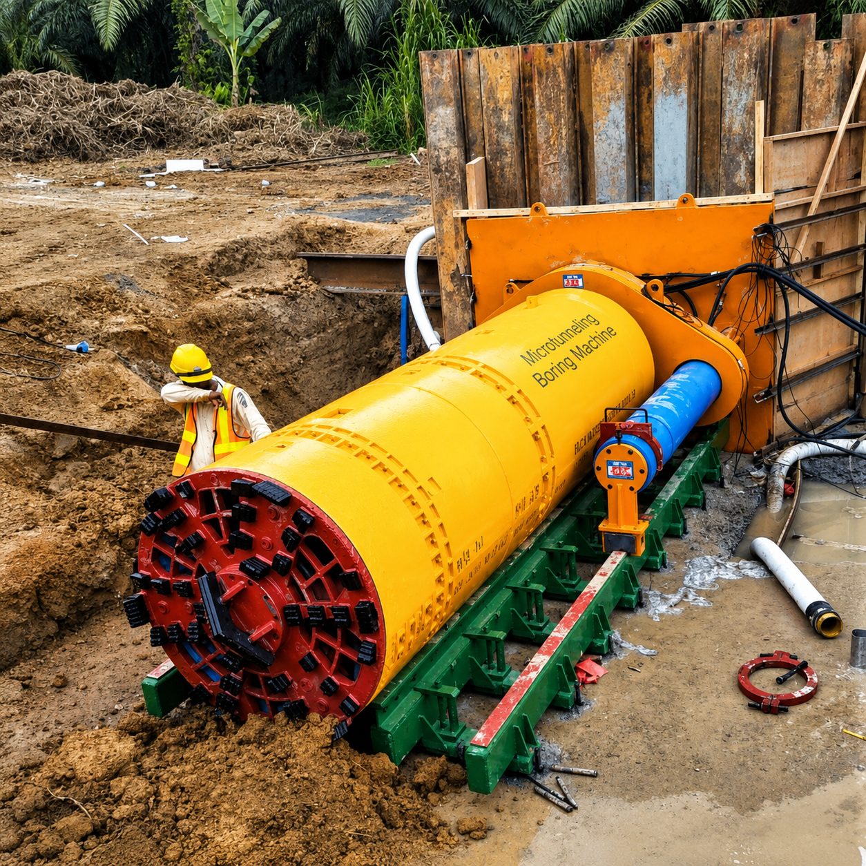 Pipe jacking cutter head lowered into a launch shaft for trenchless pipeline installation