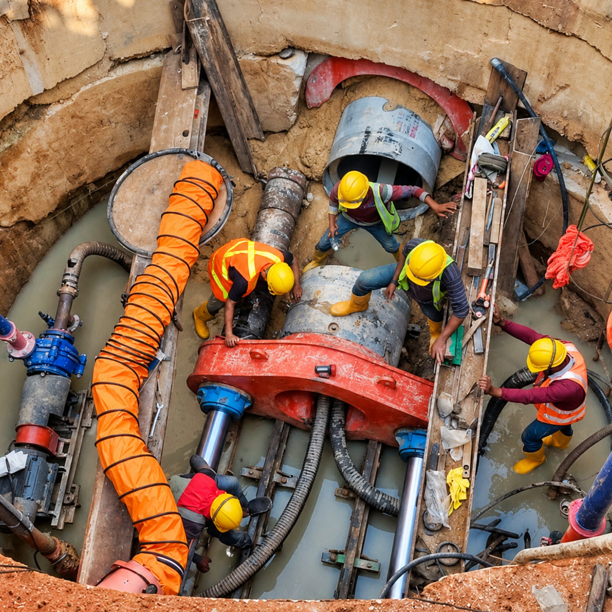 Khidmat Hijau crew in full PPE working around a hydraulic pipe jacking rig inside a shored launch shaft in Johor