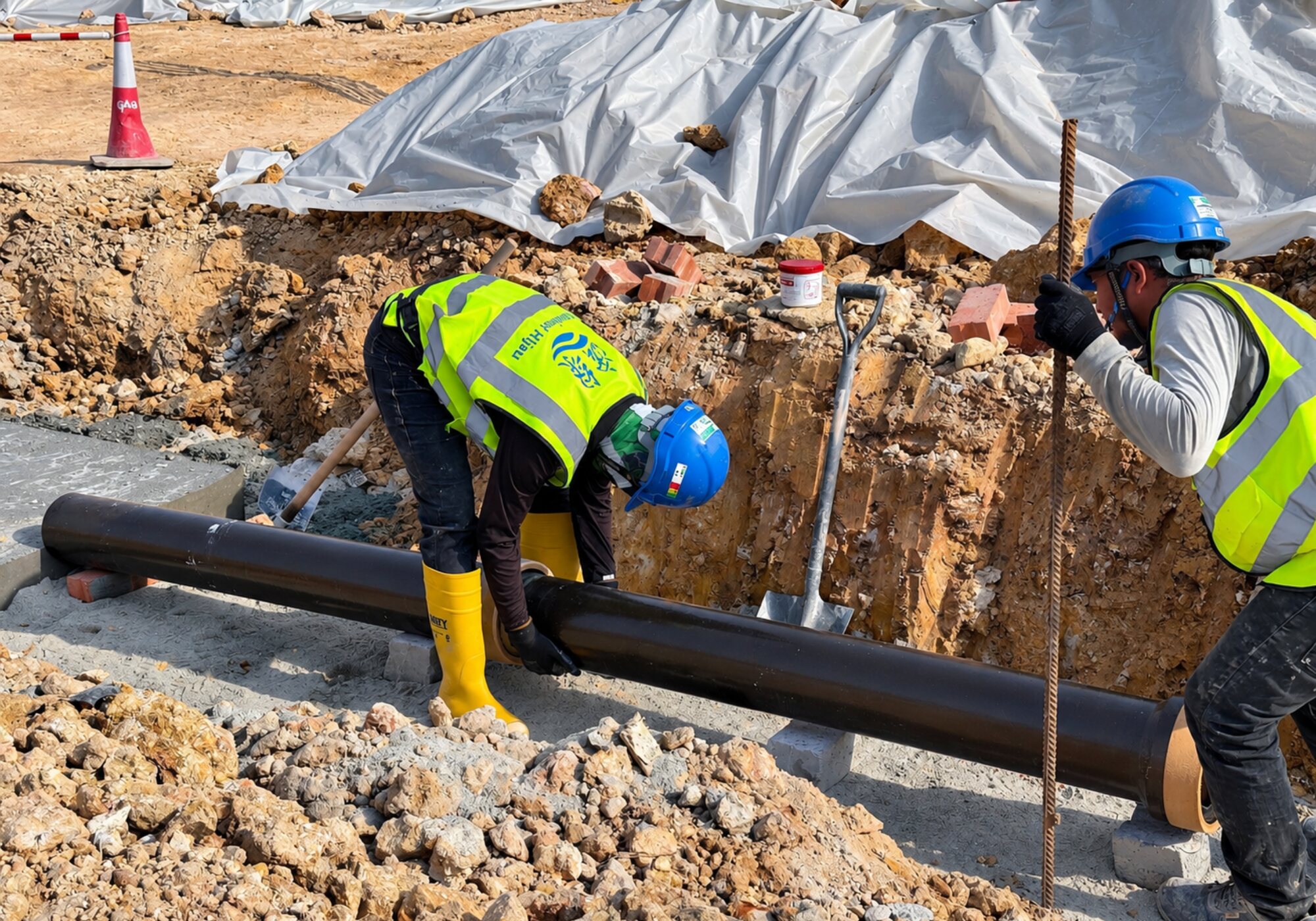 Khidmat Hijau crew in branded high visibility vests and helmets laying a sewer pipe in an open trench