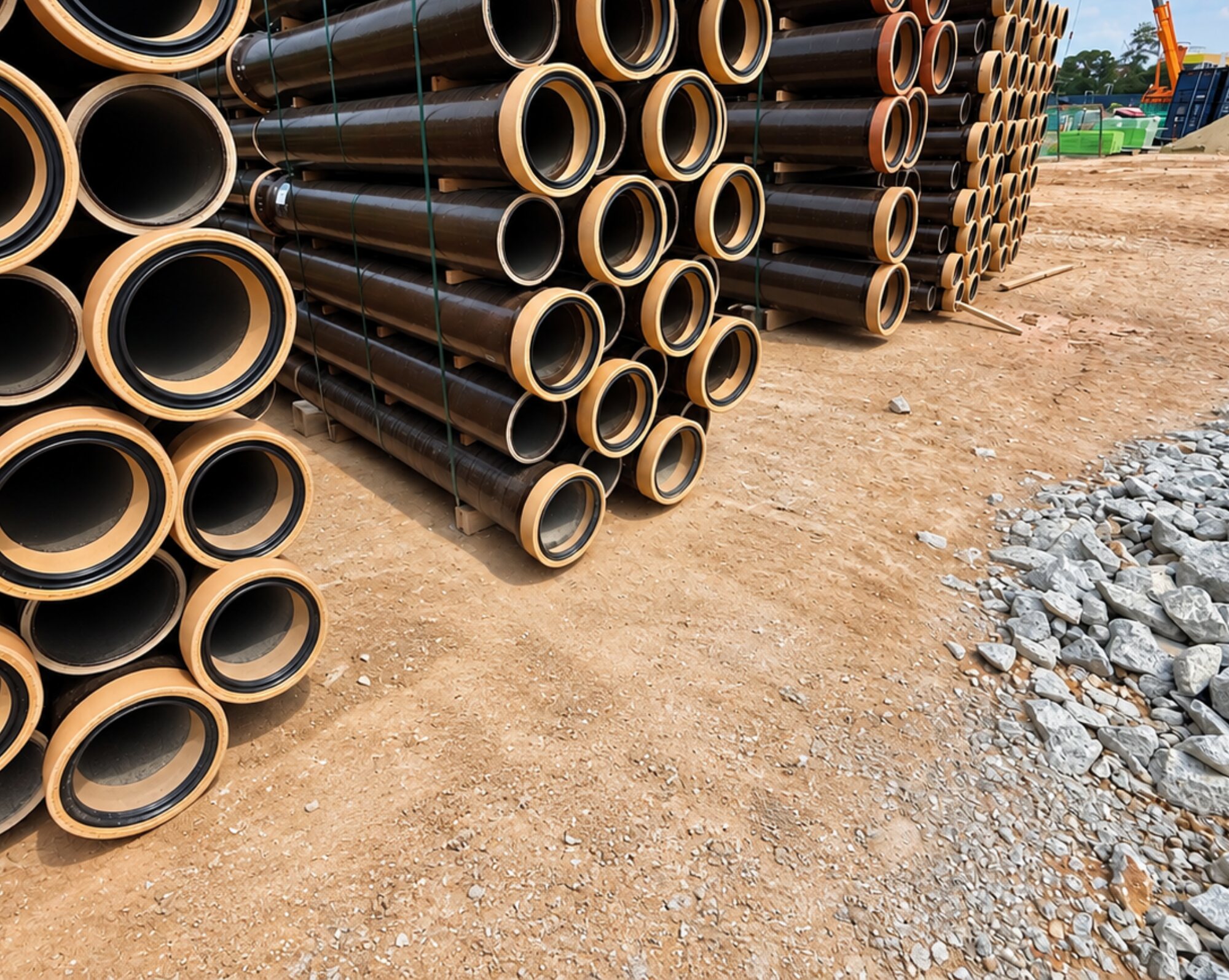 Stacks of large diameter sewer pipes on timber bearers at a site laydown area with a crawler crane in the background