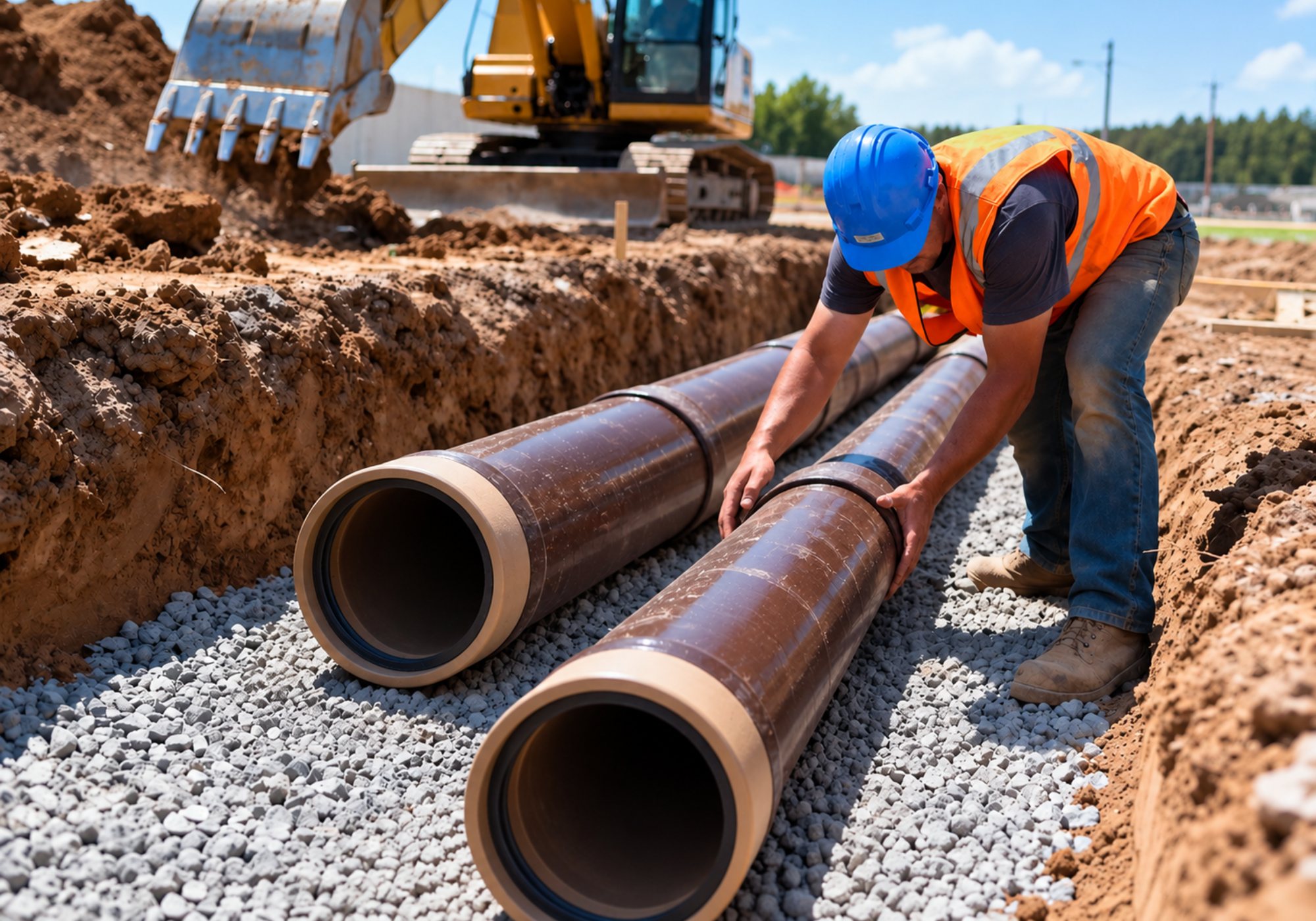 Sewer pipe laying in an open trench on a sewerage reticulation package in Johor