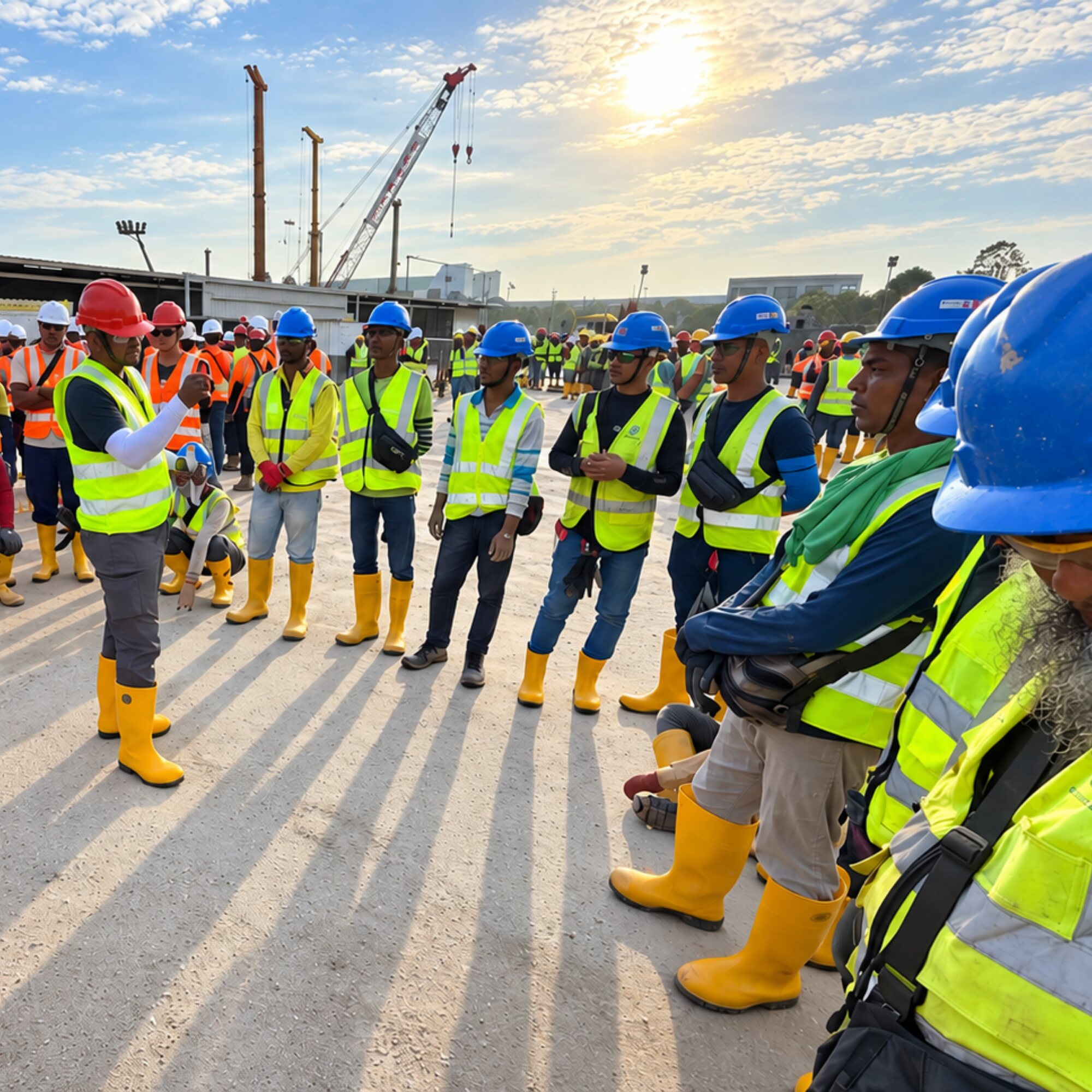 Site supervisor leading a morning toolbox safety briefing for a construction crew in helmets and high visibility vests