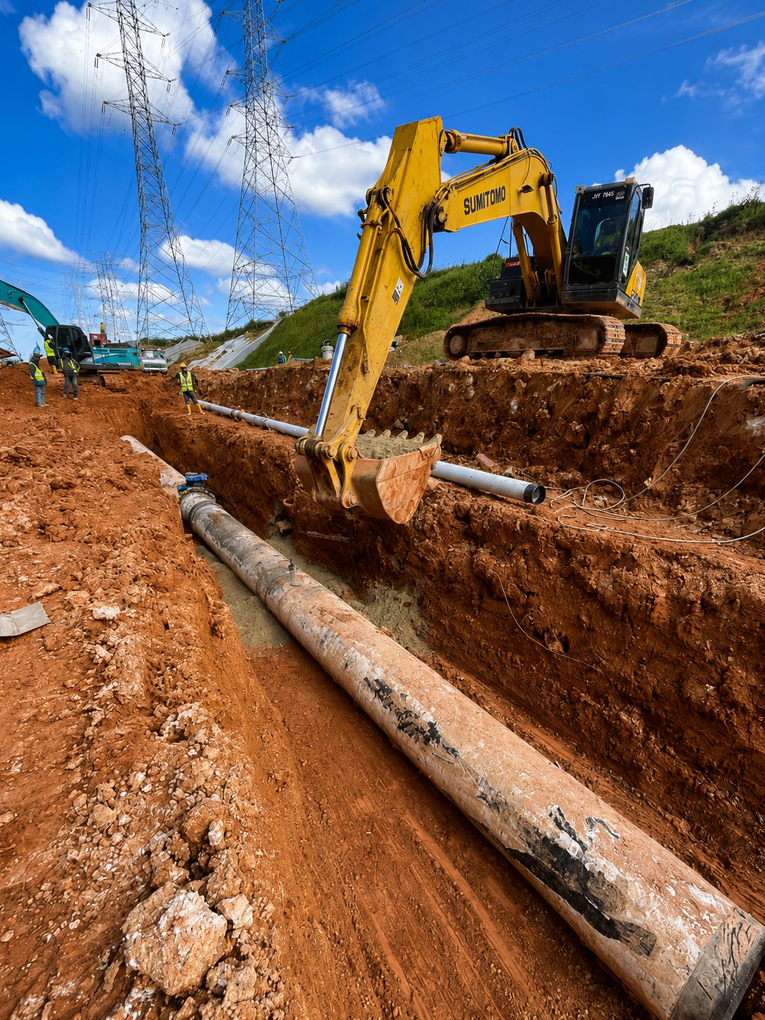 Excavator working alongside a large diameter water main laid in an open trench on a hillside alignment